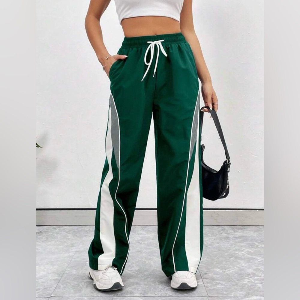 SHEIN Green Track Pants Small White Stripes Drawstring Pockets Straight Leg
